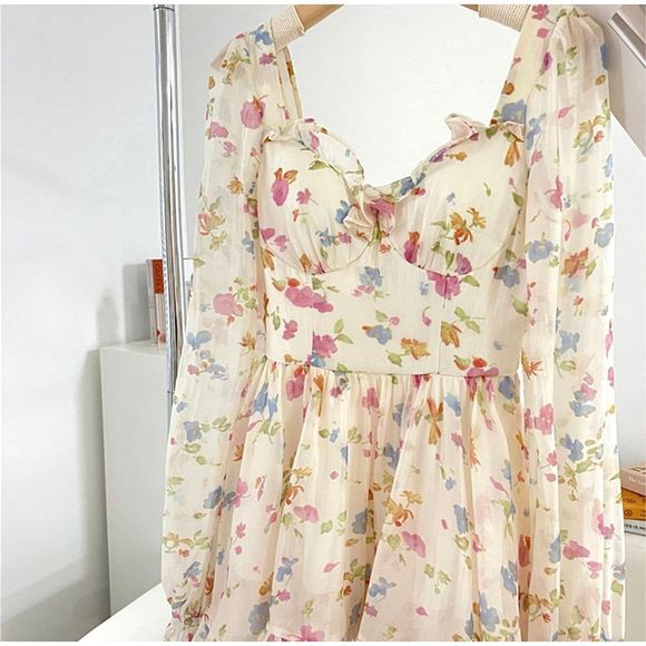 Floral Printed Chiffon Puff Sleeve Ruffled Tiered Birthday Party Flirty … - Picture 2 of 9